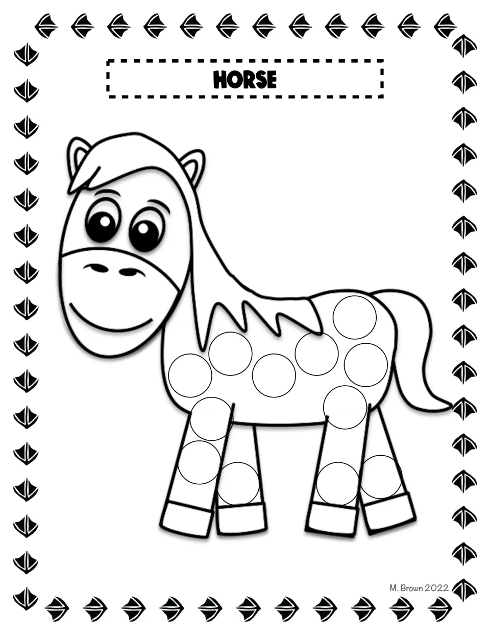 Horse dot page: children fill the empty circles on the smiling horse's body and four legs using dot markers or stickers