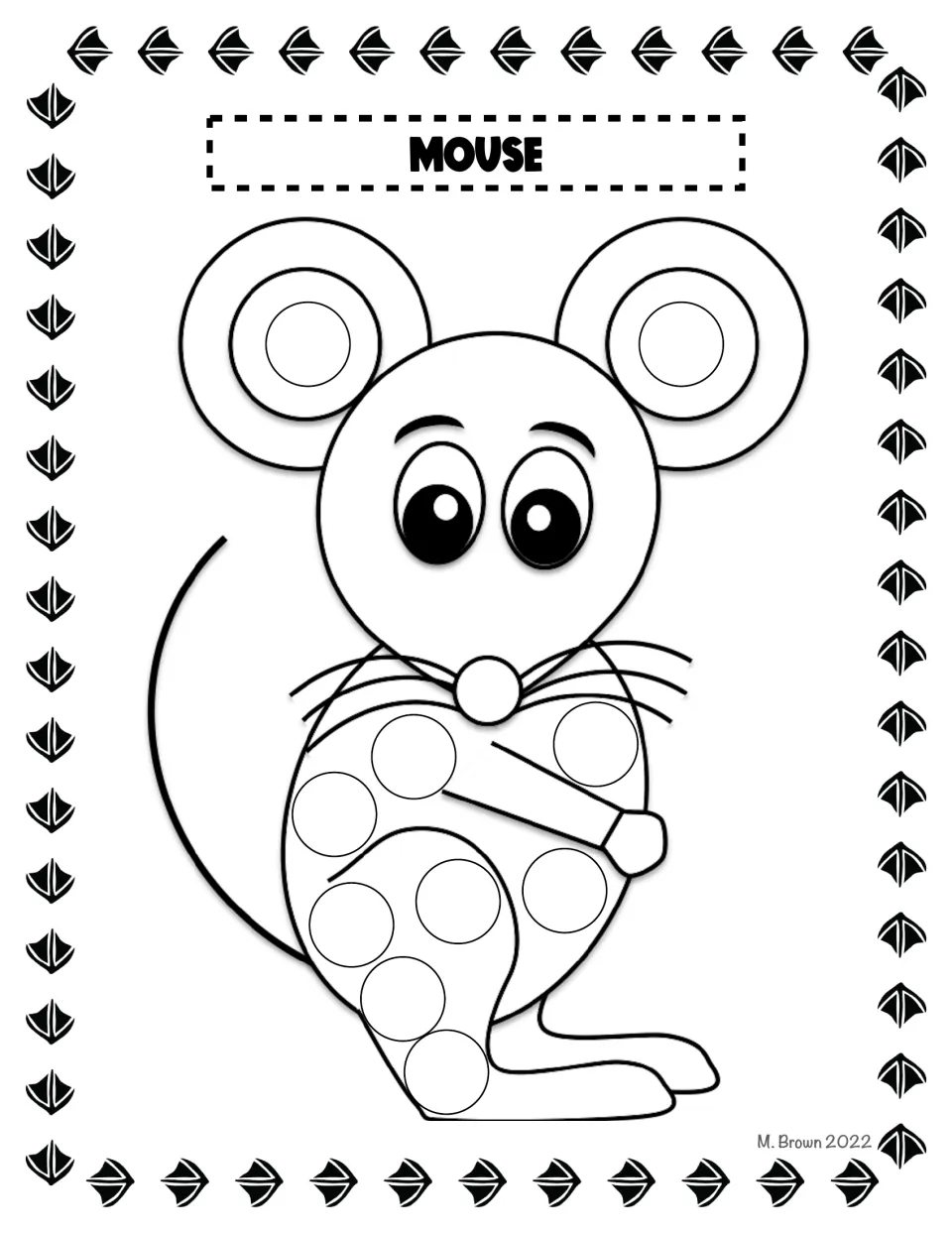 Mouse dot page: children press a dot into each circle on the mouse's ears, body and leg to practise one-to-one marking