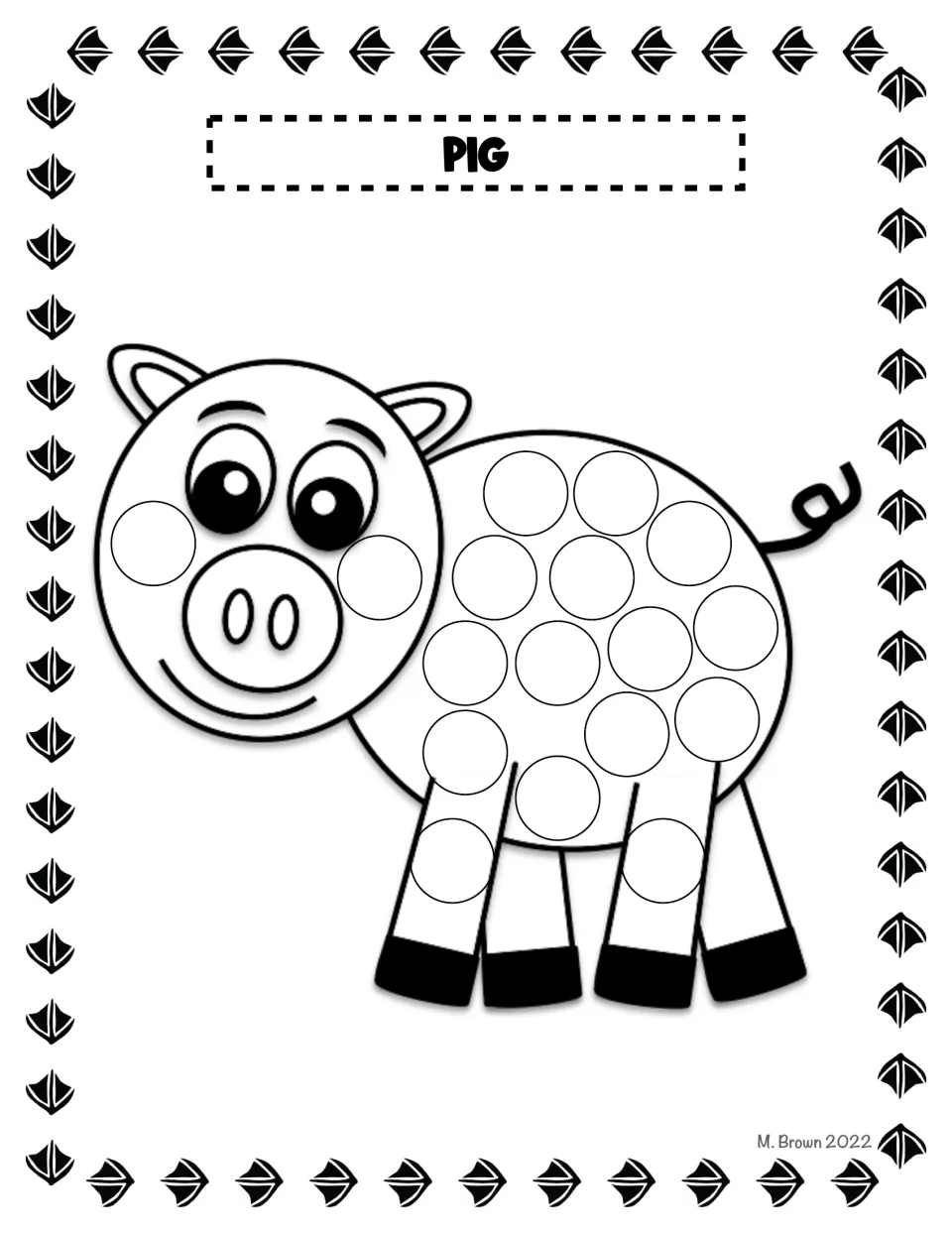 Pig dot page: children dab color into the circles on the curly-tailed pig's cheeks, round body and legs