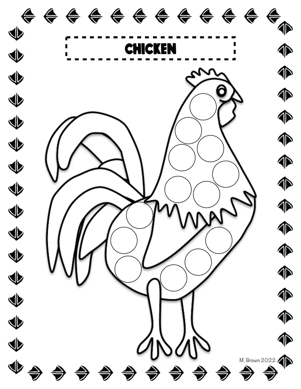 Chicken dot page: children fill the circles on the rooster's neck, chest and body with dot markers or stickers