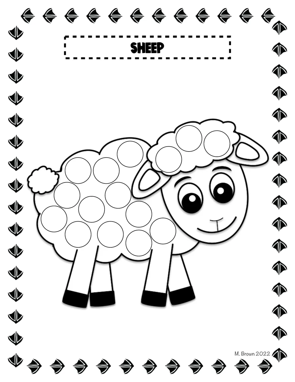 Sheep dot page: children stamp each circle on the sheep's woolly body and curly head to practise controlled dotting
