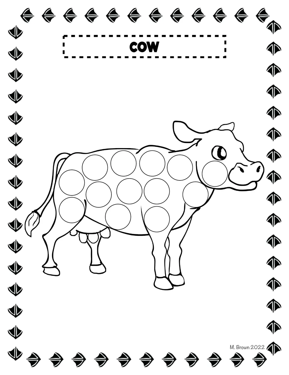 Cow dot page: children dot the rows of empty circles along the side of a standing cow, one mark per circle