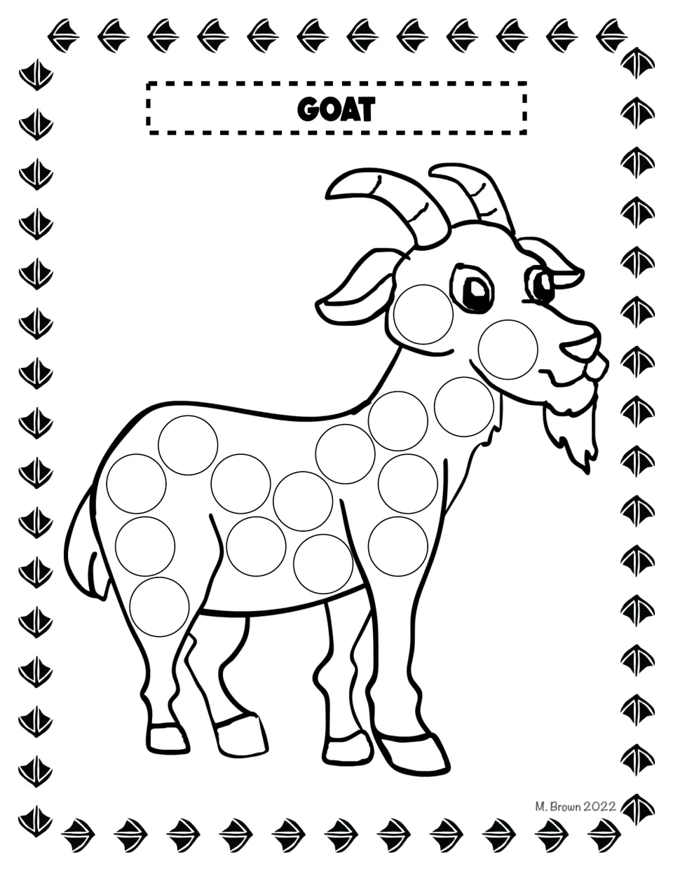 Goat dot page: children fill the circles on the horned, bearded goat's cheek, neck and body using markers or crayons