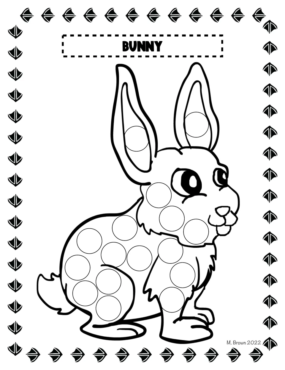 Bunny dot page: children dot the circles inside the rabbit's tall ears and across its body, chest and back legs