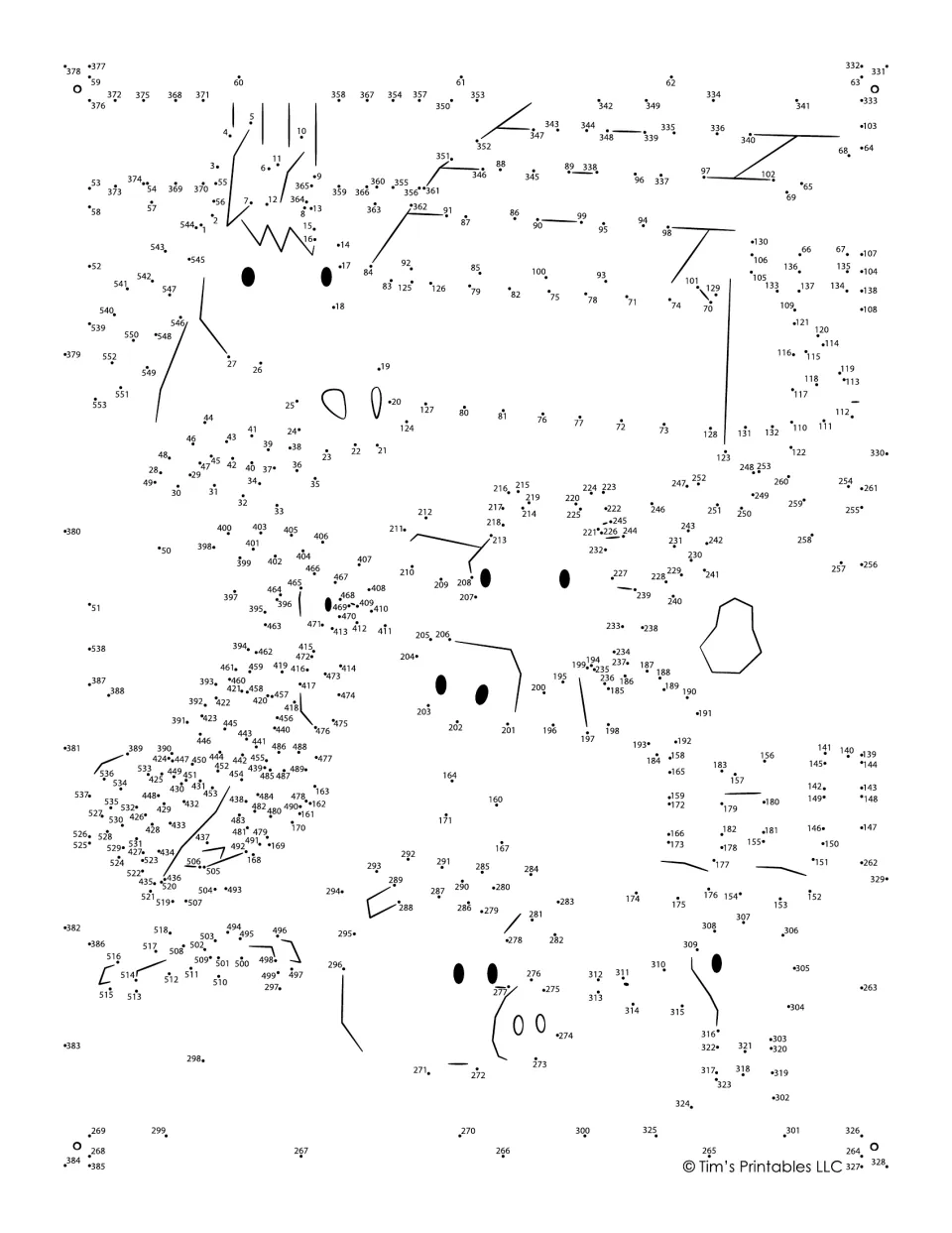 Farm animal dot-to-dot puzzle with dots numbered 1–553 and partial outlines of animals to complete