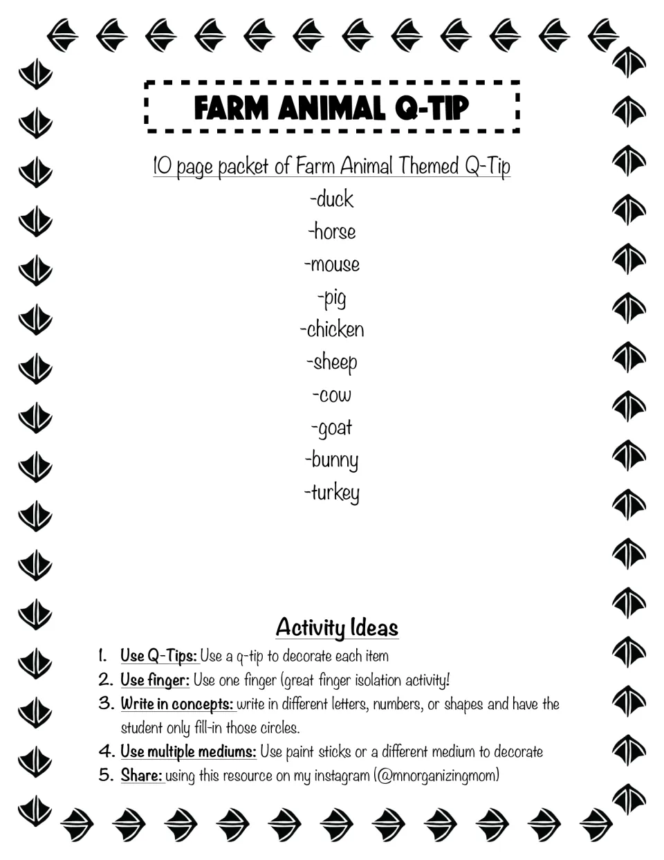 Farm Animal Q-Tip cover listing 10 animals from duck to turkey, plus five activity ideas such as finger isolation