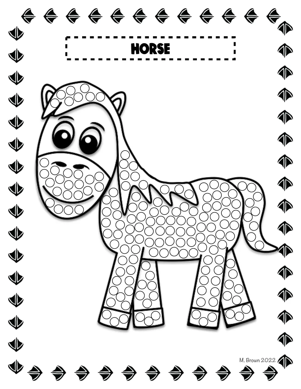 Horse dotting page: children fill circles on the smiling horse's muzzle, mane, body and legs using a swab tip