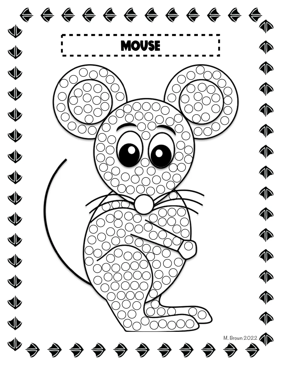 Mouse dot activity: learners dab each circle on the mouse's two big ears, head and body; the long tail stays plain
