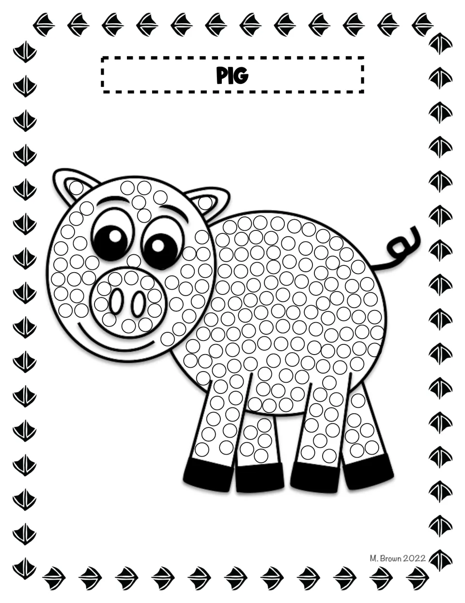 Pig dab art: fill the circles on the pig's round face, snout and belly; its curly tail and black hooves have none