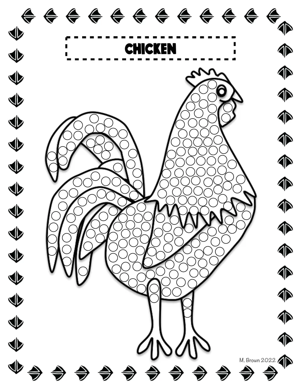 Chicken page showing a rooster with dotted tail feathers, body and legs for children to fill in dab by dab