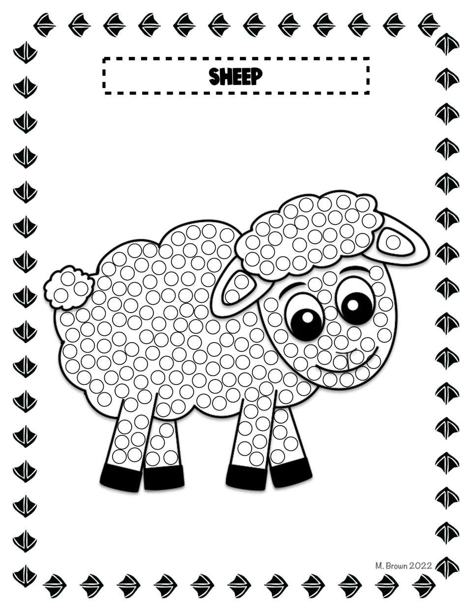 Sheep dotting: students fill spots on the woolly body, fluffy tail and curly head of a smiling sheep