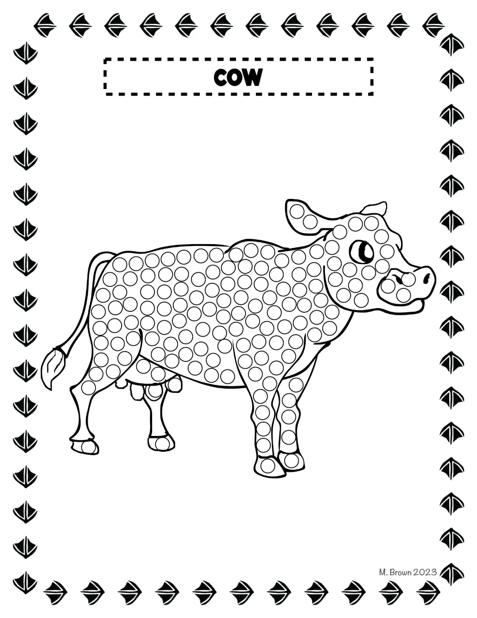 Cow dot page: children dab paint into the rings covering the cow's side, legs, ear and nose