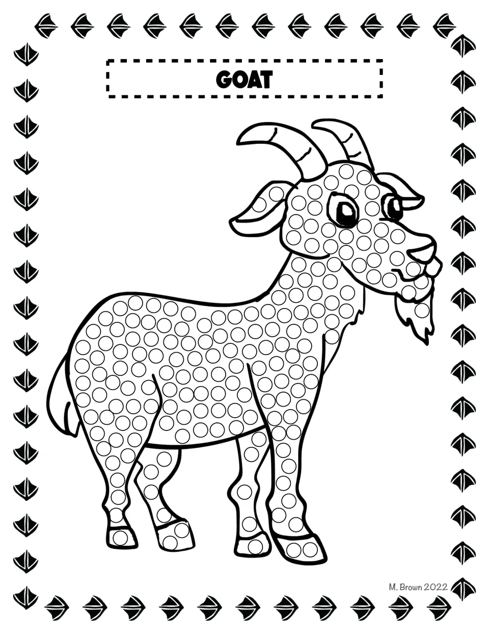 Goat activity: learners fill the dotted rings on a bearded goat's head, body and legs; horns are left blank
