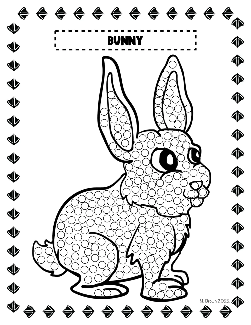 Bunny dotting: tall ears, face, body and fluffy tail of a sitting rabbit are marked with spots for students to fill