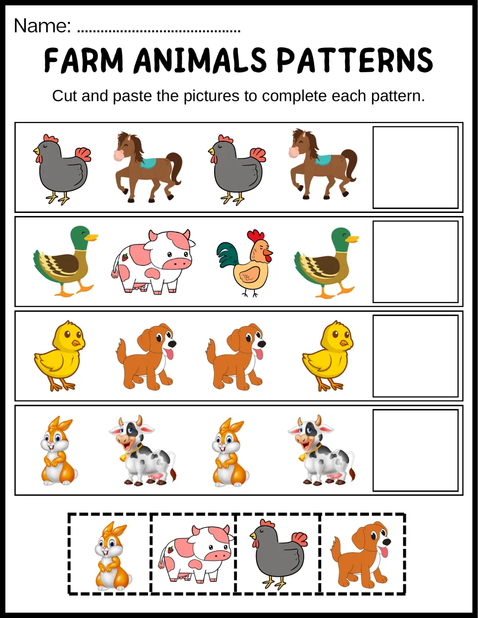 Farm animal patterns in color: students cut out bunny, cow, hen and puppy pictures and paste each to finish 4 rows