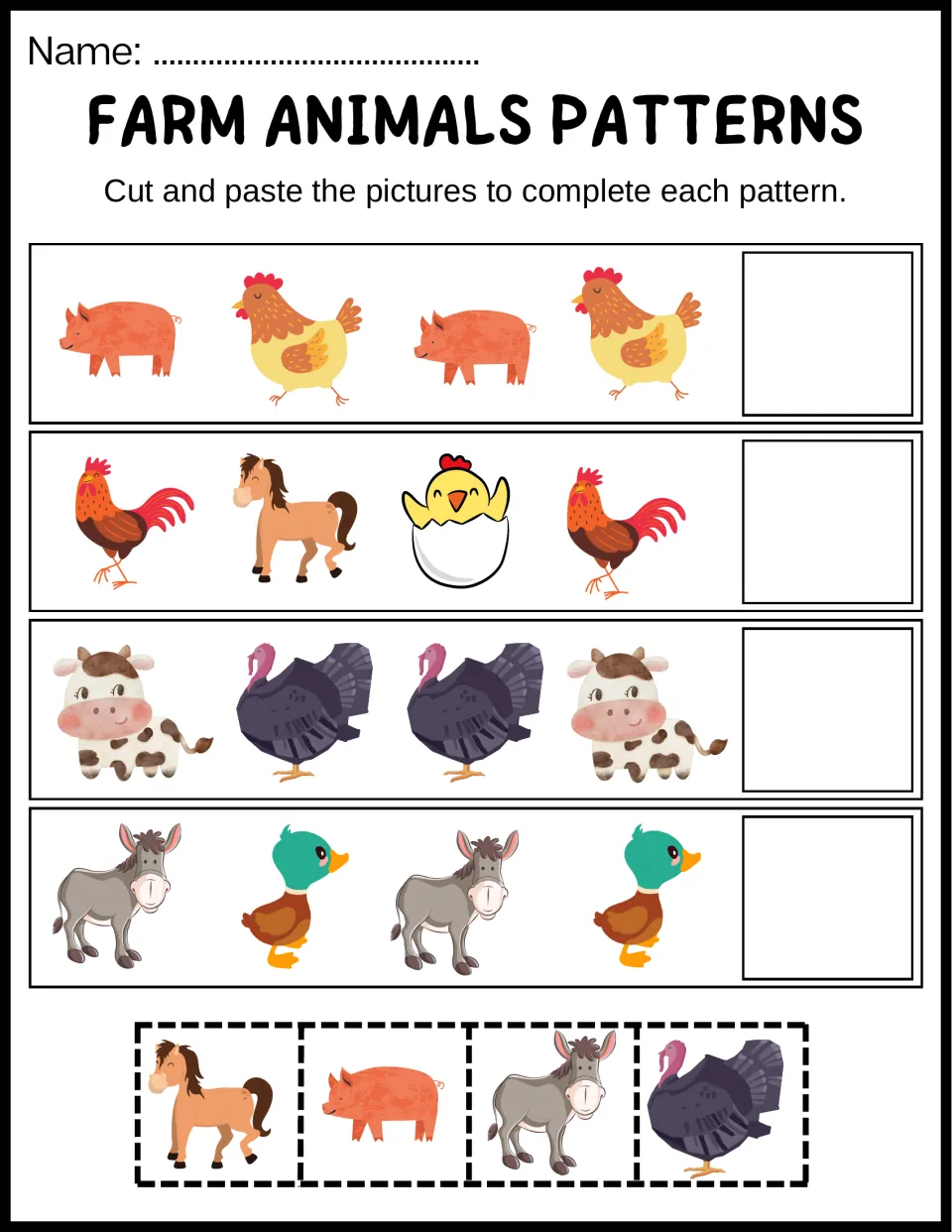 Farm animal patterns: students cut and paste a horse, pig, donkey or turkey to finish rows such as pig, hen, pig, hen