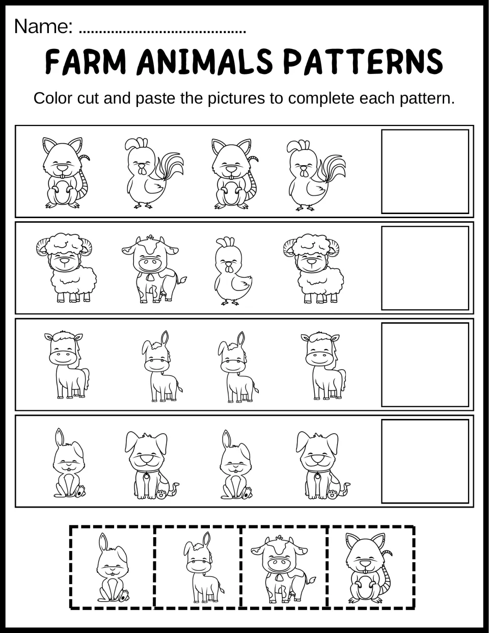 Line-art farm patterns: students color, cut and paste animals to extend rows like sheep, cow, chick and horse, donkey