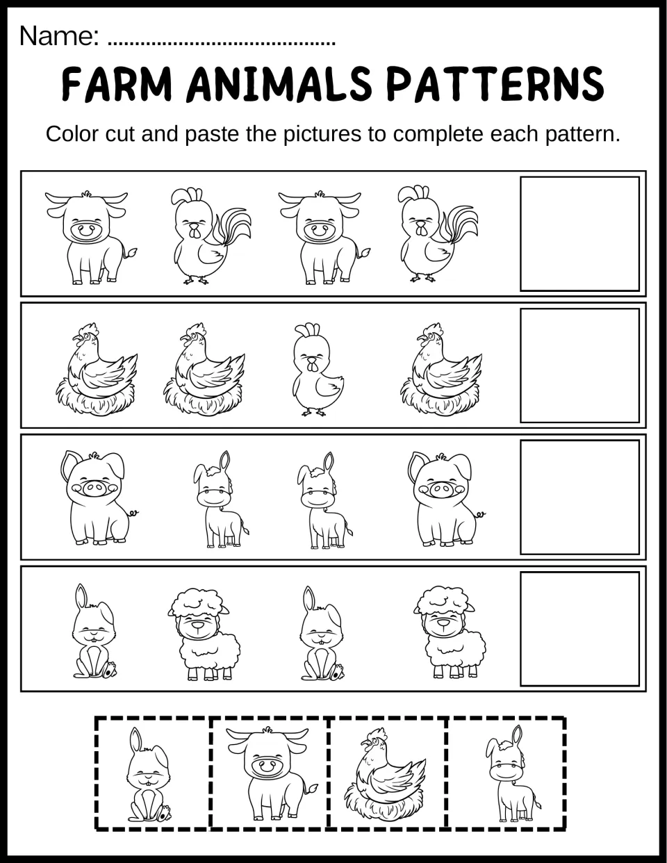 Farm pattern extension: students color, cut and paste a bunny, bull, hen or donkey to finish rows like pig, donkey, donkey