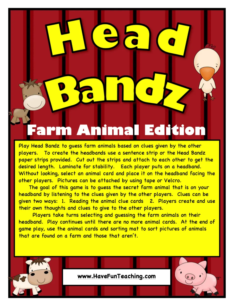 Head Bandz Farm Animal Edition cover with game rules: guess the farm animal on your headband from clues, then sort cards