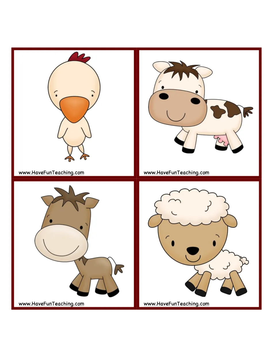 Animal picture cards to cut out: a rooster, cow, horse and sheep, each placed on a headband for players to guess