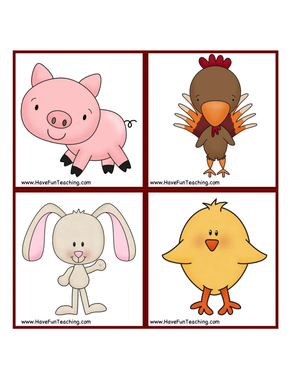 More animal picture cards to cut out: a pig, turkey, bunny and chick for players to wear and guess