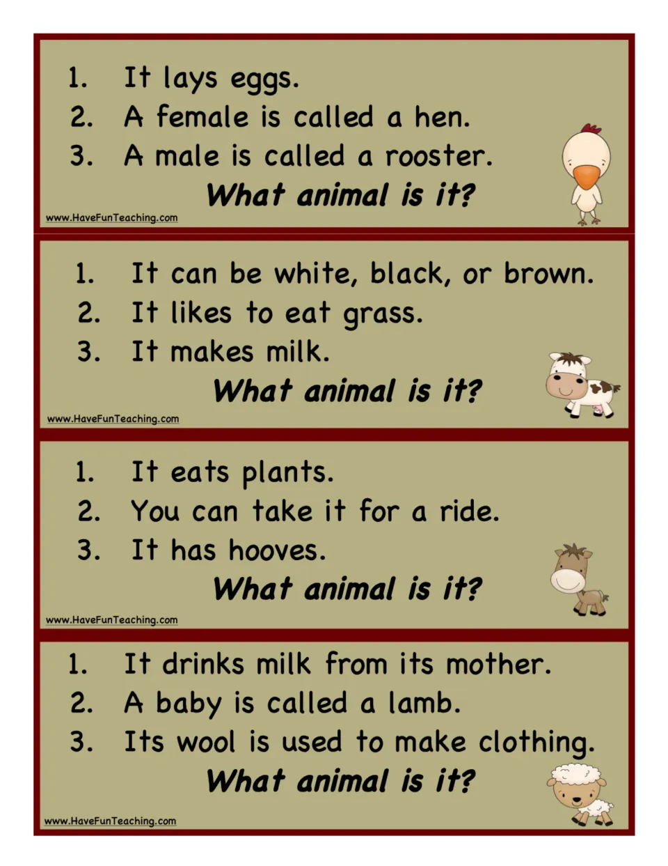 Animal clue cards: three facts each about the chicken, cow, horse and sheep, then 'What animal is it?'