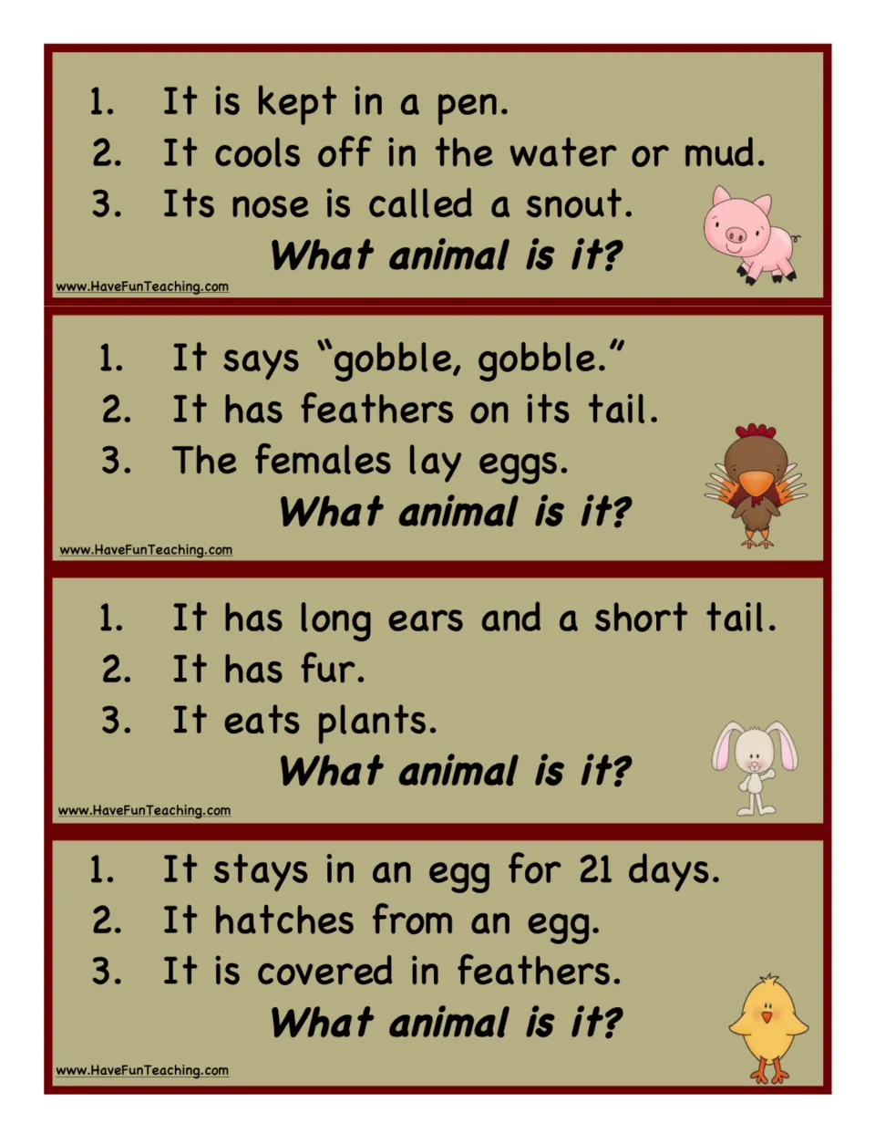 Clue cards for the pig, turkey, rabbit and chick, with facts like 'Its nose is called a snout' to guess from