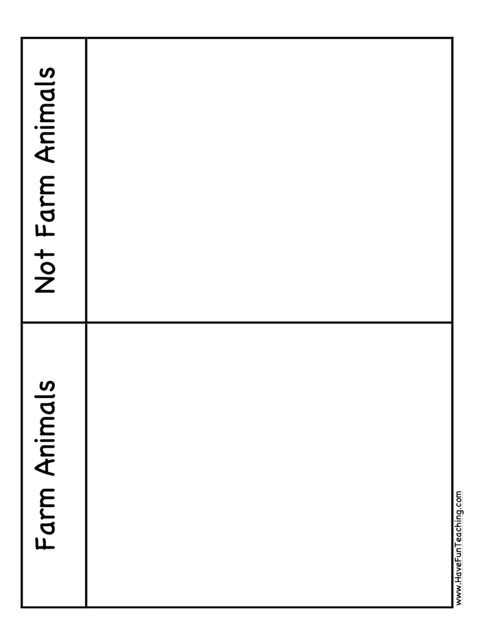 Sorting mat headed 'Farm Animals' and 'Not Farm Animals' where students classify the small picture cards