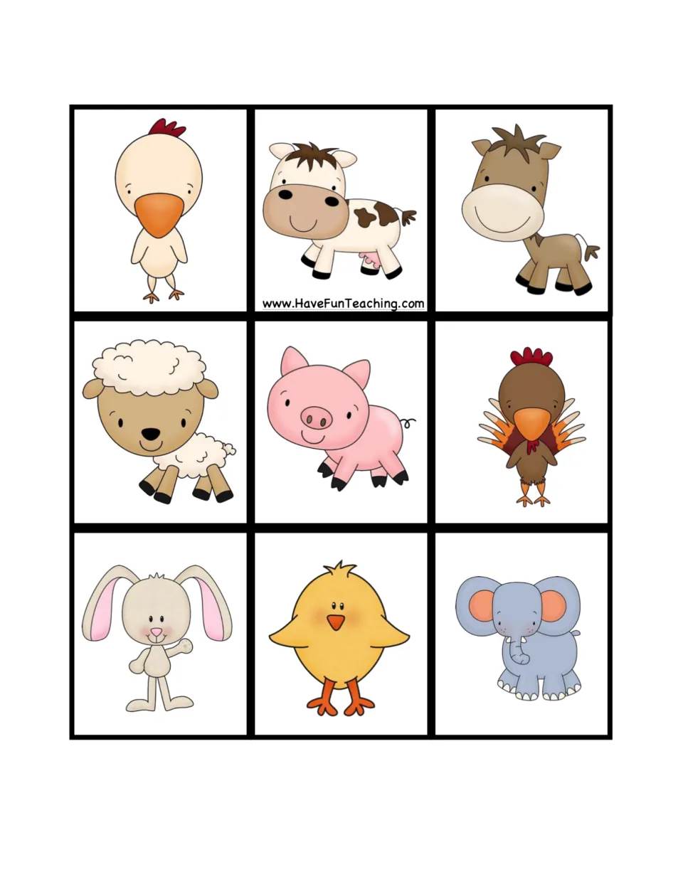 Nine small picture cards for sorting: rooster, cow, horse, sheep, pig, turkey, bunny, chick and an elephant