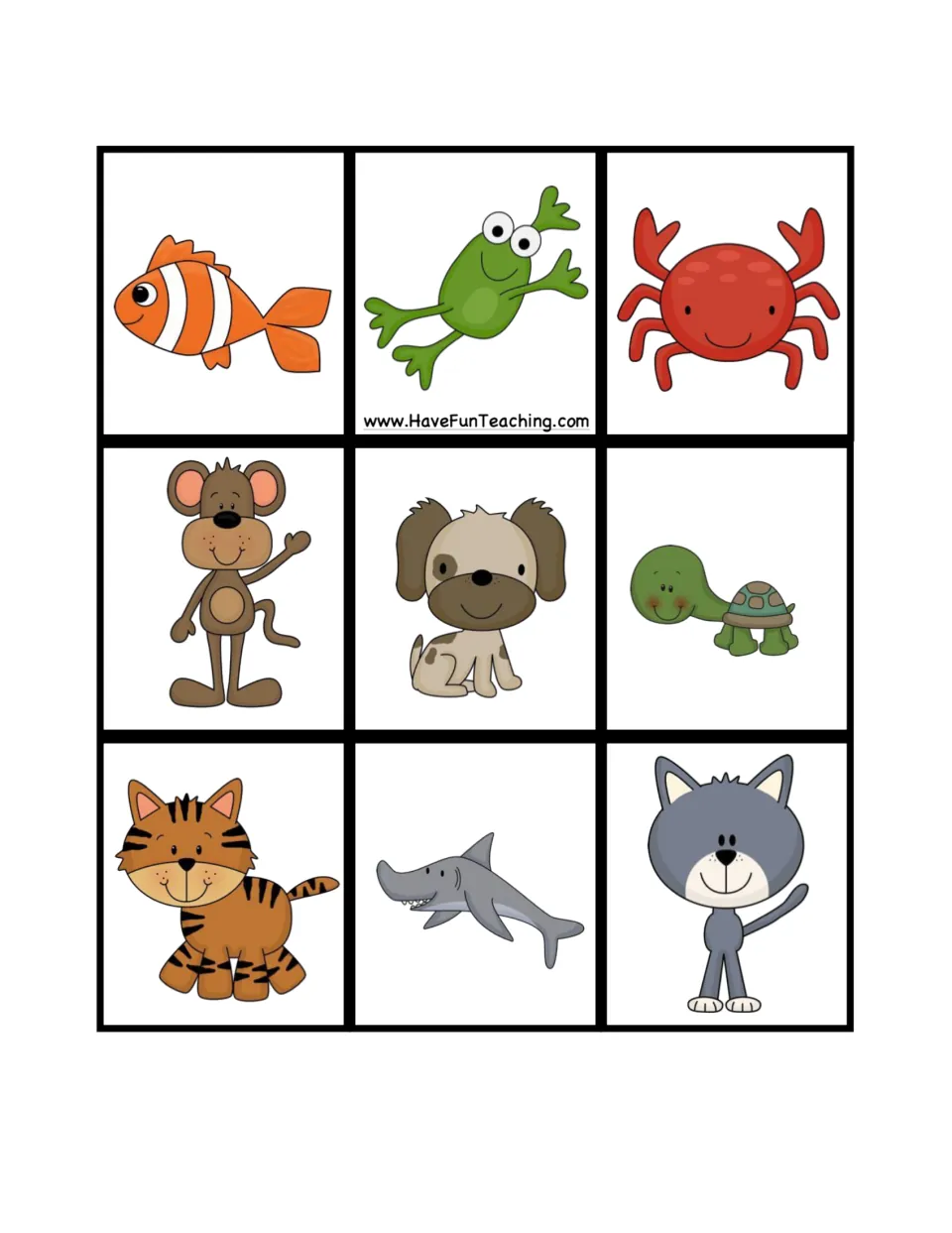 Nine more sorting picture cards: a clownfish, frog, crab, monkey, puppy, turtle, tiger, shark and gray cat