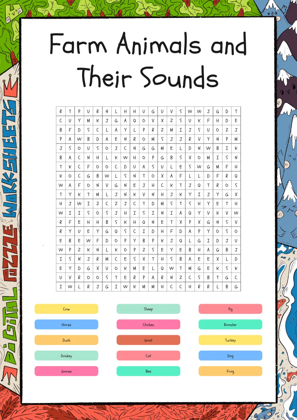 Farm animal vocabulary word search: students find 15 animal names such as cow, horse, rooster, goose and frog