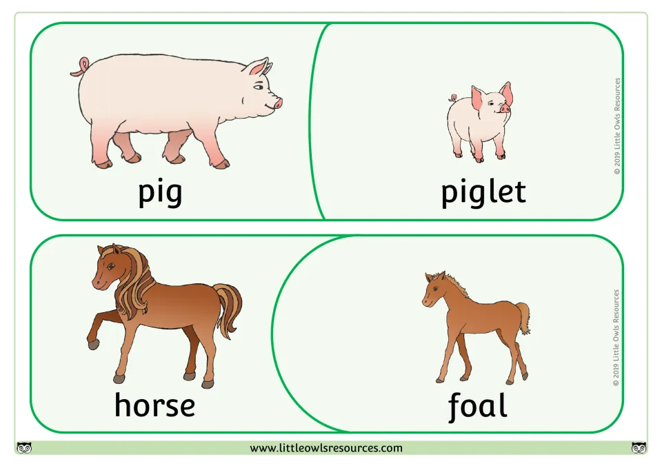 Farm animal young puzzles: pig fits with piglet and horse with foal, two labeled pairs for adult-to-baby matching