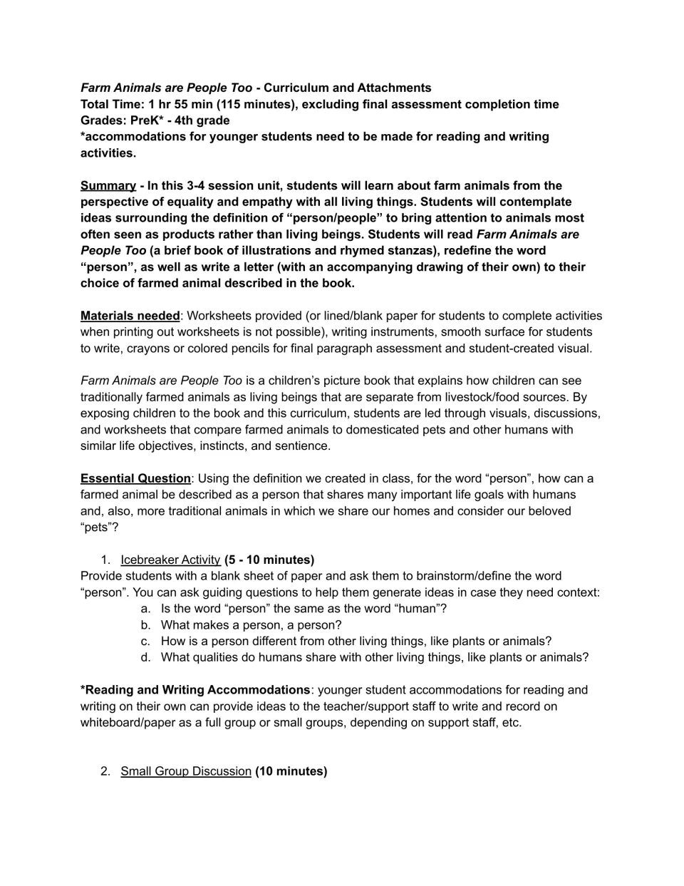 Unit plan overview: summary, materials, essential question on defining a person, and a brainstorm icebreaker on that word