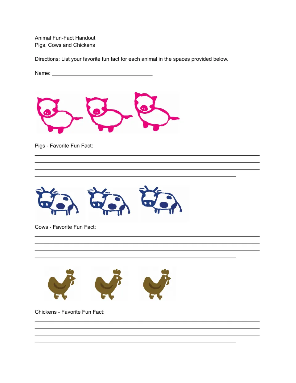 Animal Fun-Fact Handout: students write their favorite fact about pigs, cows and chickens under drawings of each animal