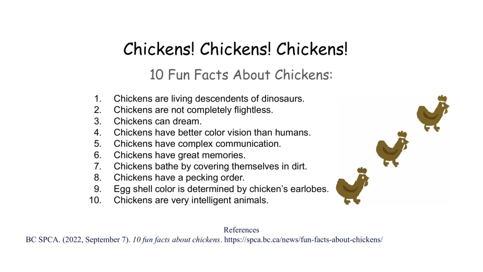 Chickens! Chickens! Chickens! slide of 10 fun facts, such as chickens descend from dinosaurs and bathe in dirt