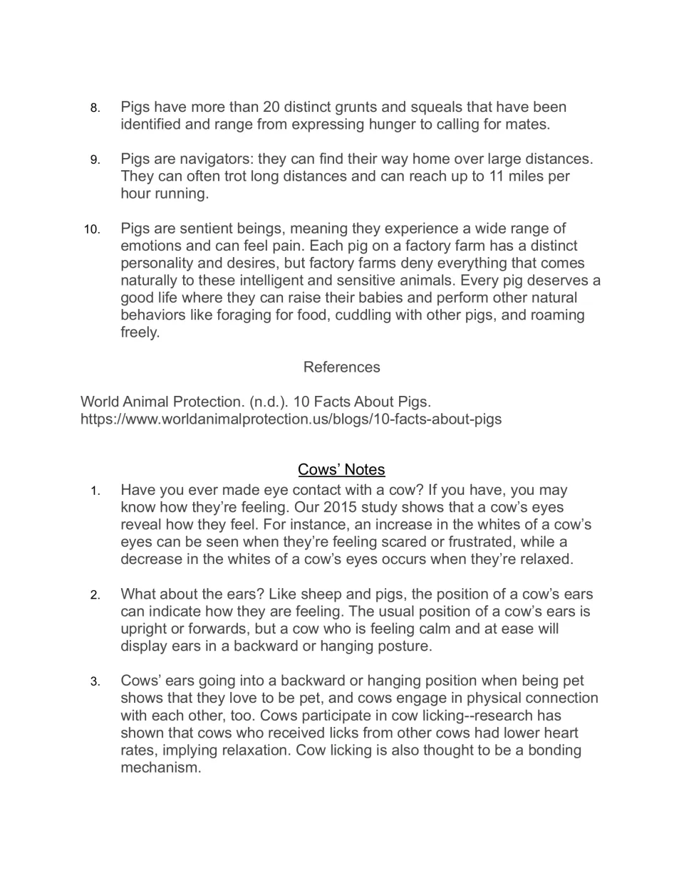 Presentation notes finishing pig facts 8-10 with a reference, then cow facts 1-3 on eyes, ears and cow licking