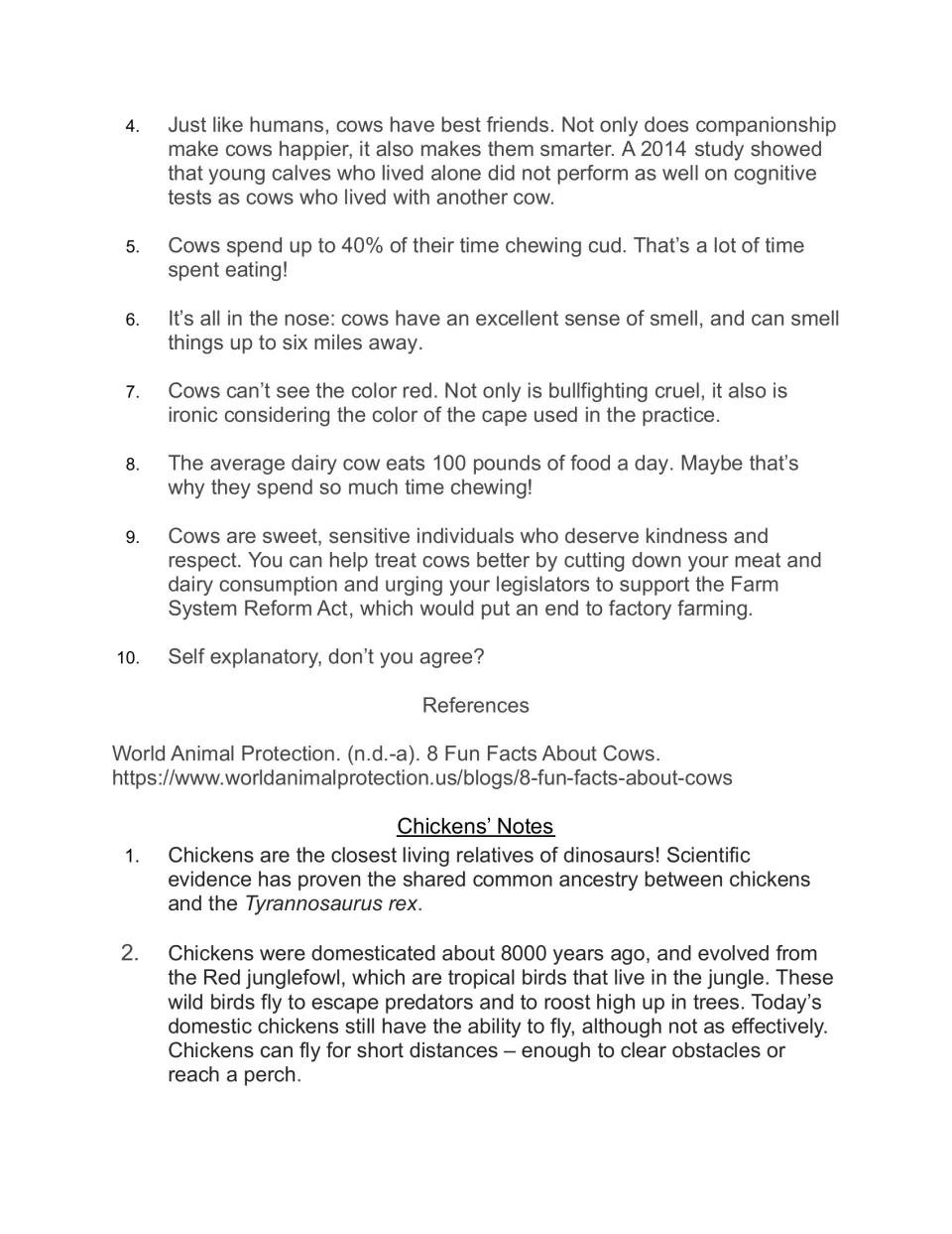 Presentation notes for cow facts 4-10 on friendship, smell and diet, then chicken facts 1-2 on dinosaurs and flight