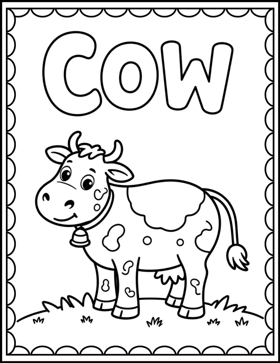 Cow coloring page: students color a smiling spotted cow wearing a bell on grass and the bubble-letter word COW