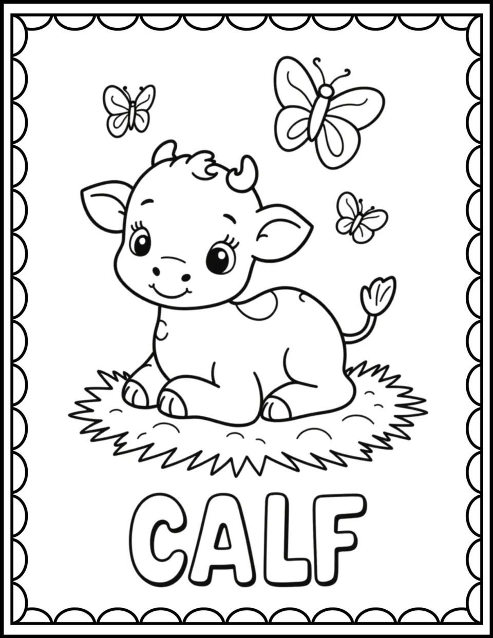 Calf coloring page: students color a baby calf lying on grass, three butterflies and the bubble-letter word CALF