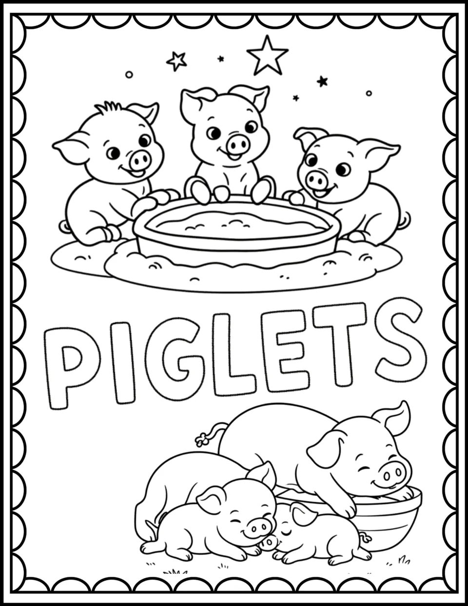 Piglets coloring page: students color three piglets around a mud tub, a big pig resting with two piglets, and PIGLETS