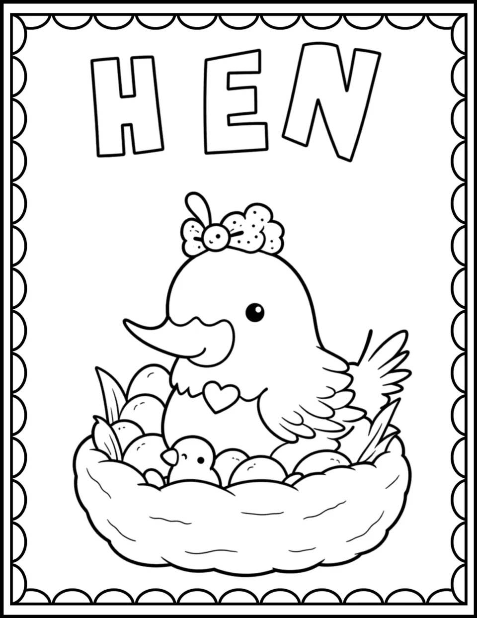 Hen coloring page: students color a hen with a bow sitting in a nest of eggs beside a chick, and the bubble letters HEN