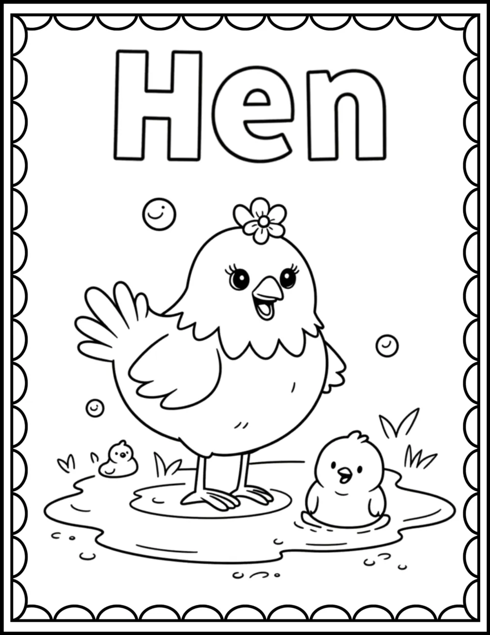 Hen coloring page: students color a hen wearing a flower standing in a puddle with two chicks, plus the word Hen