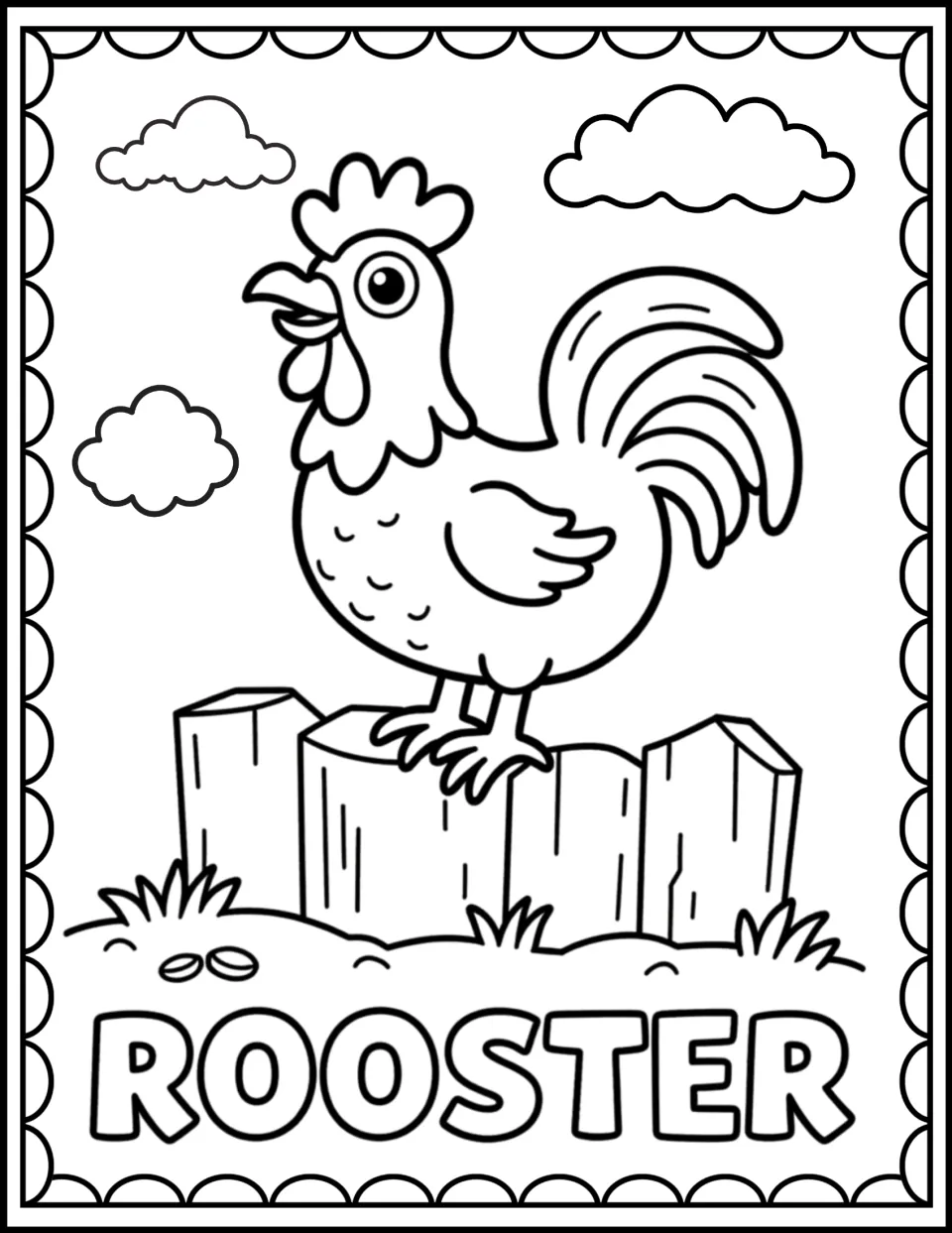 Rooster coloring page: students color a crowing rooster perched on a wooden fence under clouds and the word ROOSTER