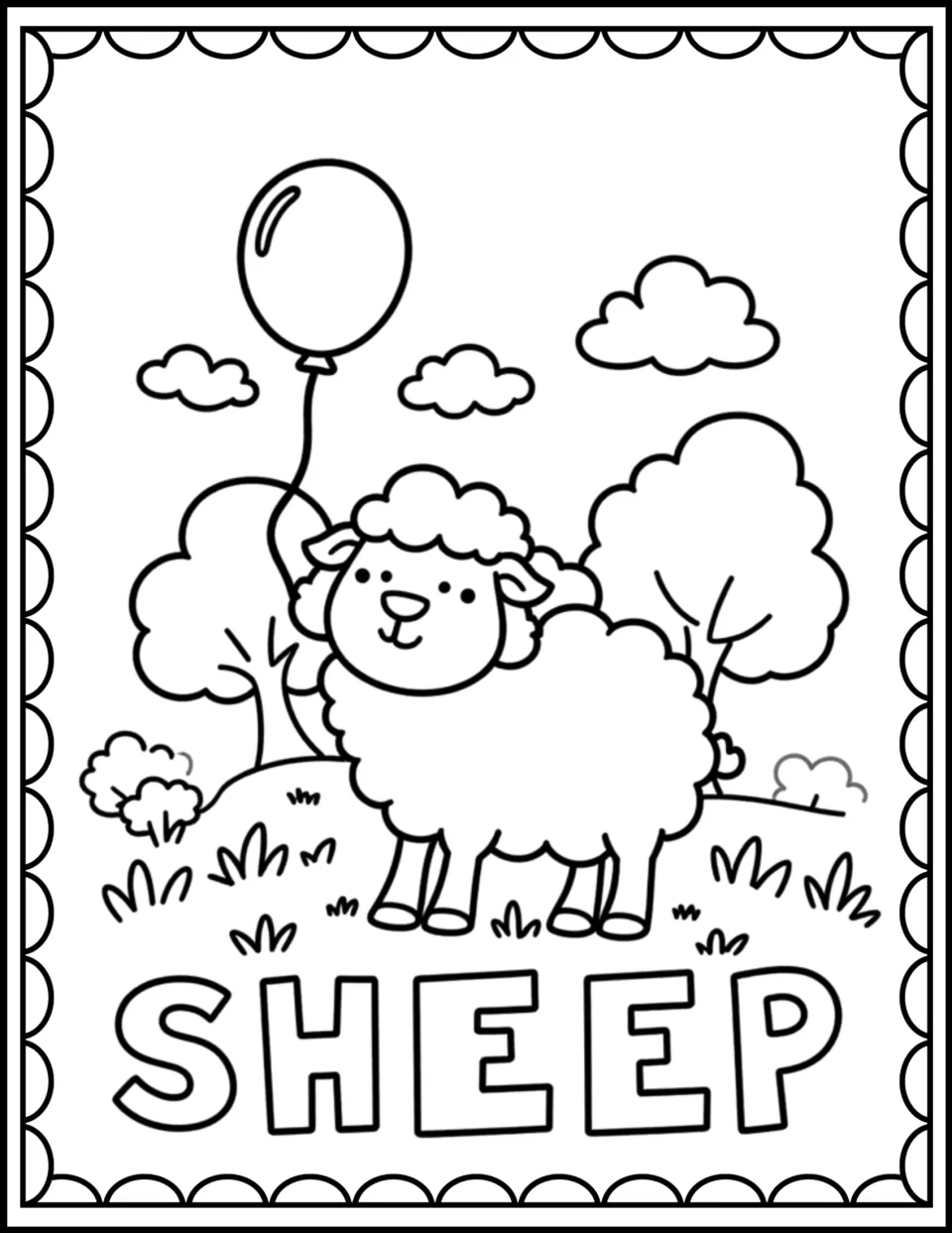 Sheep coloring page: students color a sheep holding a balloon in a meadow with trees and clouds, and the word SHEEP