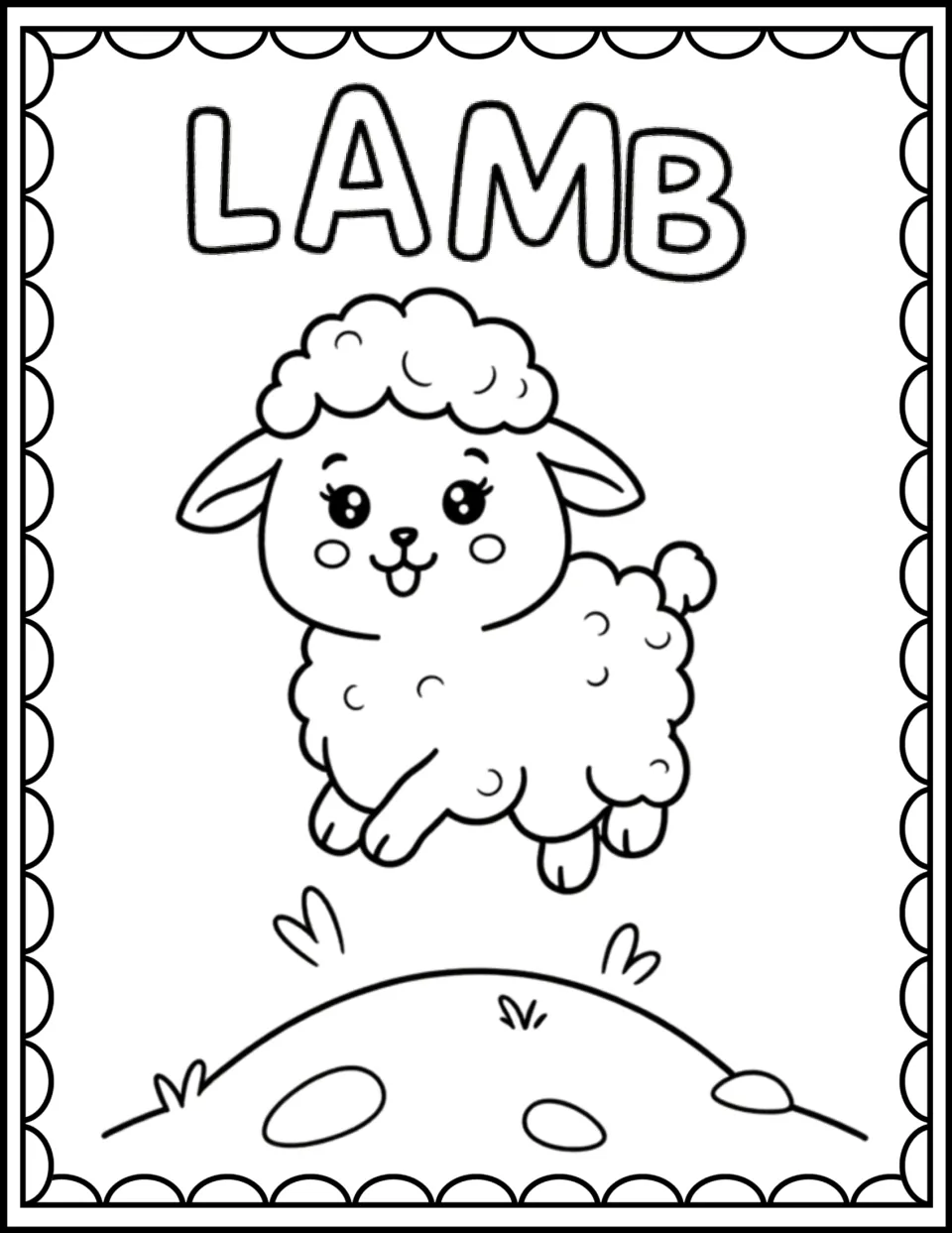 Lamb coloring page: students color a fluffy lamb leaping over a grassy hill with stones and the bubble-letter word LAMB