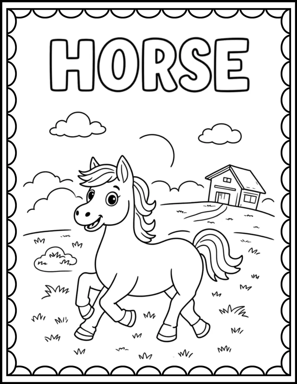 Horse coloring page: students color a trotting horse in a grassy field with a farmhouse, clouds and the word HORSE