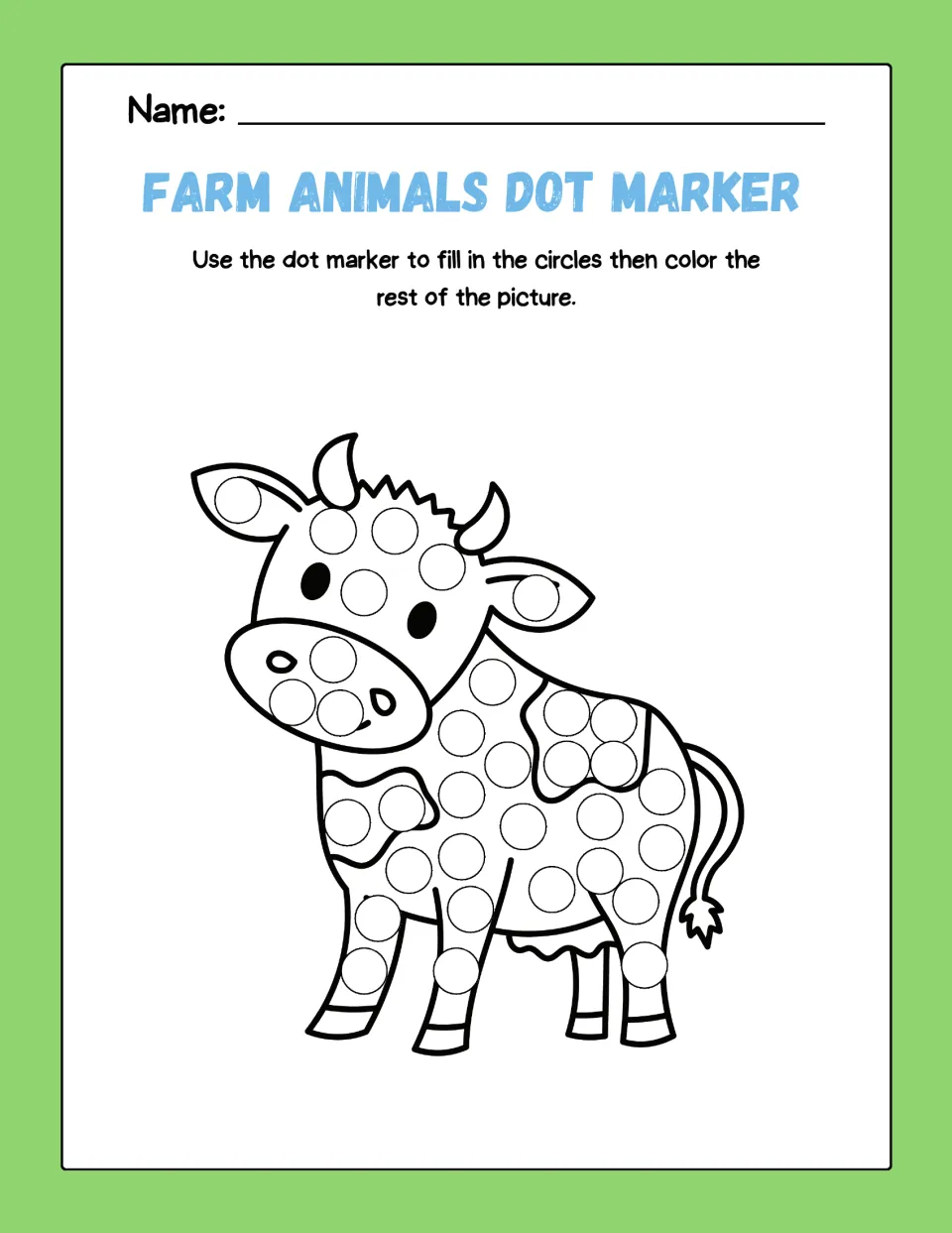 Cow dot art: students stamp a dot marker in each circle on a standing cow outline, then color its spots, horns and tail