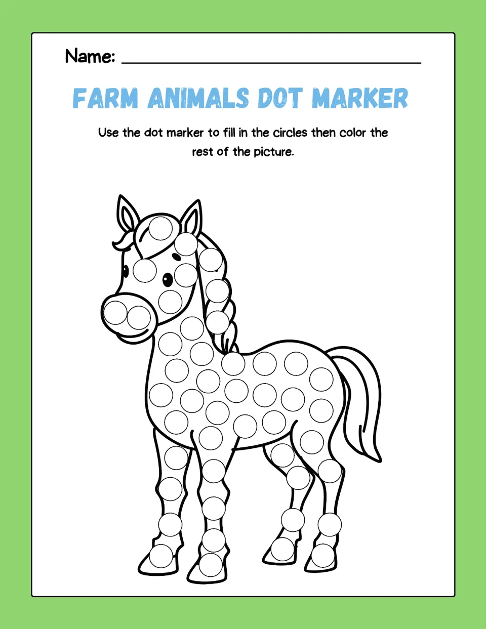 Horse dot art: children press a dot marker into circles along a horse's mane, body and legs, then color its tail and hooves