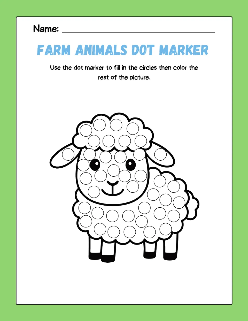 Sheep dot art: children dab a dot marker on each circle across a fluffy sheep's wool and face, then color its legs