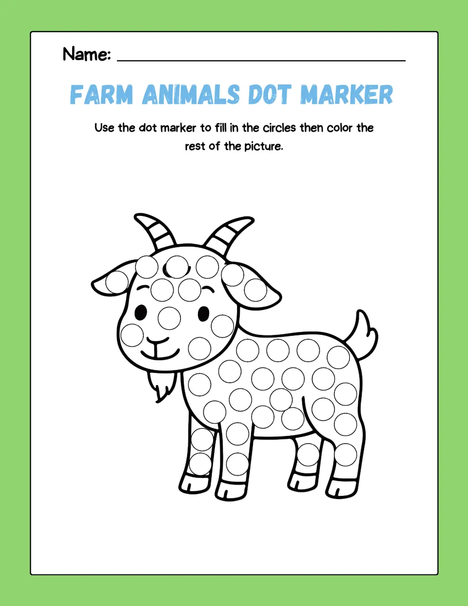 Goat dot art: students dot every circle on a smiling goat with a beard and curved horns, then color the remaining parts